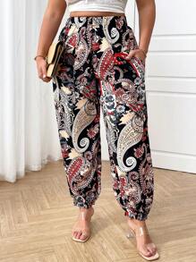 SHEIN LUNE 大码松紧腰口袋休闲裤，日常穿着 - 彩色 - 查看 1