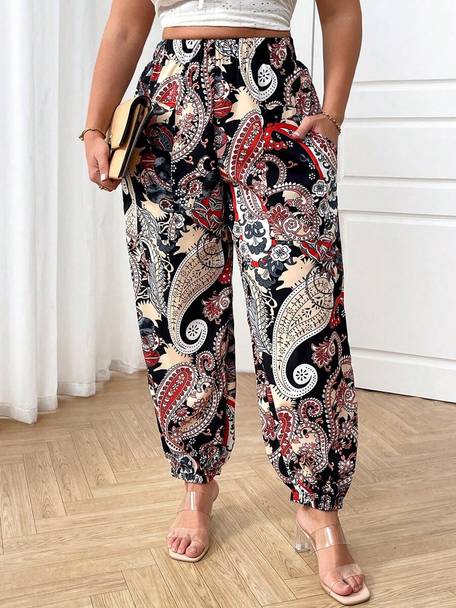 SHEIN LUNE 大码松紧腰口袋休闲裤，日常穿着 - 彩色 - 查看 1