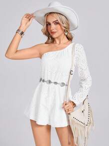 SHEIN LUNE 女士灯笼袖镂空刺绣纹理面料优雅连体裤，适合度假和郊游的休闲装 - 白色 - 查看 1