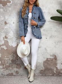 EMERY ROSE 女士长袖荷叶边双排扣牛仔外套，秋季 - 淺色水洗藍 - 查看 5