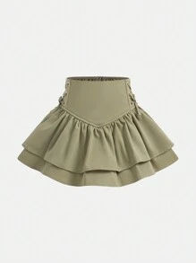 SHEIN Girlism Chân váy hai lớp dáng suông cho bé gái, có bèo nhún ở gấu và dây buộc bên hông, rất phù hợp để mặc thường ngày, đi học vào mùa thu và đông, mẹ và con gái có thể mặc ton sur ton, chị em gái có thể mặc ton sur ton. - màu xanh lá - Xem 1