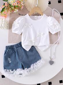 SHEIN Young Girl Knitted Short Sleeve Puff Sleeve Top With Pearl Bow Design, Fashion T-Shirt, Denim Shorts, White Mesh Floral Trim, Stylish Summer Outfit