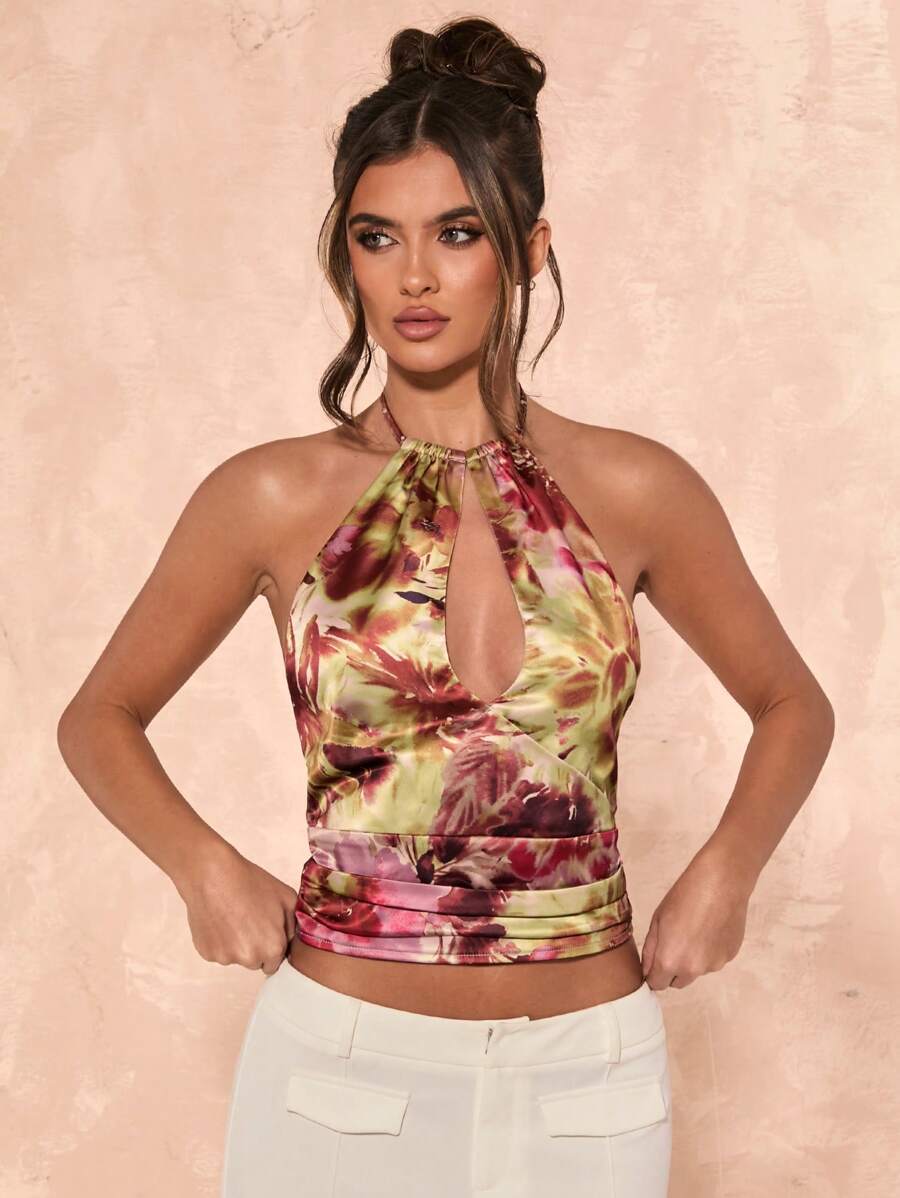 SHEIN BAE 女士扎染镂空性感挂脖衬衫