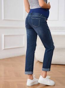 SHEIN Maternity Relaxed Fit Distressed High Waist Jeans - Dark Wash - View 2