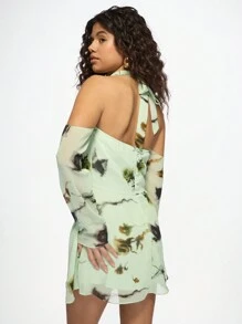 MISSGUIDED Elegant Halter Neck Cold Shoulder Watercolor Print Mini Dress Spring Summer Party Wedding Guest Cowl Neck Draped Design Cocktail Evening Bridesmaid Christmas