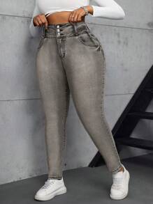 SHEIN SXY Jeans skinny de cintura alta con bolsillos decorados talla grande