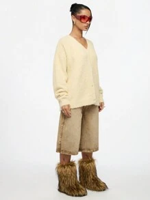 SUMWON WOMEN Luxurious Fuzzy Knit Button-Front Cardigan Sweater, Cozy Oversized V-Neck Winter Loungewear, Plush Warm Holiday Season Essential