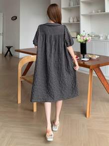 DAZY 女士可爱格子荷叶边领泡泡袖睡袍，休闲睡衣