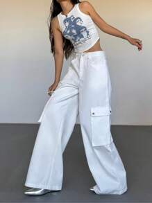 SHEIN EZwear Women's Solid Color Front Button Pocket Casual Cargo Pants
