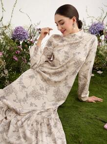 Graceveil Women's Loose Arabic Style Print Dress With Stand Collar,Modest - Khaki - View 7