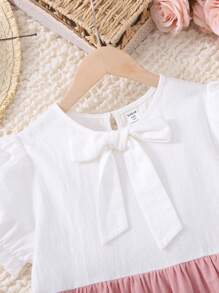SHEIN Vestido de niña preadolescente de uso casual diario, fiesta y versátil con cuello redondo de manga corta y parches de unicolor