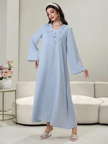 Yasmyna V-Neck Loose Fashion Long Robe Dress, Elegant Embroidery Design Front, Fashionable And Graceful Women Long Arabic Robe - Blue - View 7