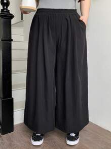 Dazy Plus 加大码弹性腰部纯色阔腿七分裤，商务休闲，四季秋季 - 黑色 - 查看 6