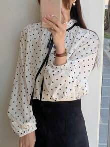 FRIFUL Camisa suelta de mujer con cuello de corbata a lunares, conjunto de primavera para citas y eventos