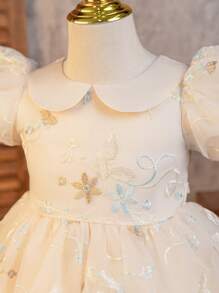 SHEIN Glamorique Kids 年轻女孩四季花卉腰部泡泡袖网眼泡泡袖优雅派对连衣裙，适合春假 - 香檳色 - 查看 7