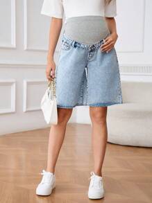 SHEIN Maternity Front Button Pocket Simple Denim Shorts, Casual Everyday Wear Women Autumn Outfits