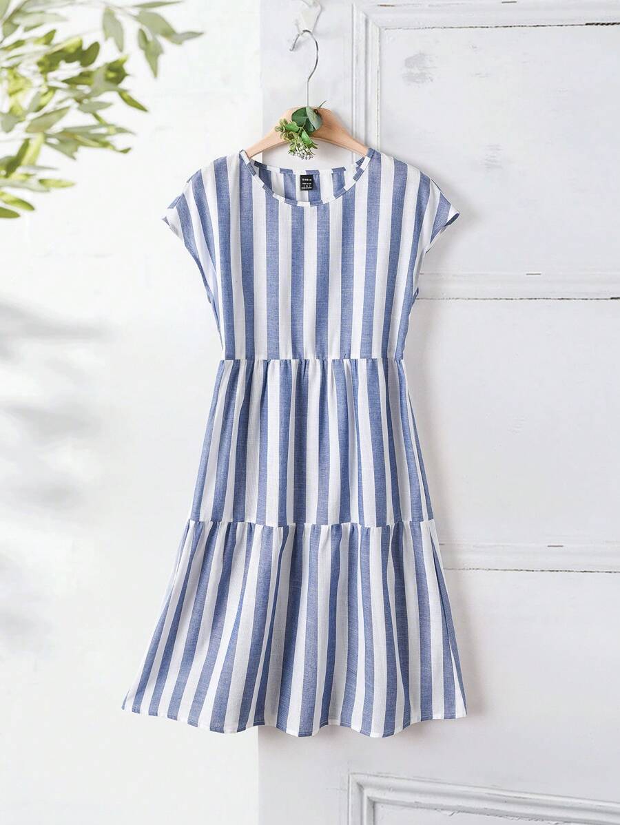 Rusticease Váy mùa hè cổ tròn tay ngắn in họa tiết sọc, thích hợp mặc hàng ngày và đi nghỉ - Nhiều màu - Xem 1