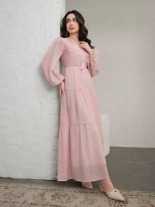 Graceveil Lightweight & Flowing V-Neck Lantern Sleeve Swing Dress, Arabic Style,Modest - Pink - View 4