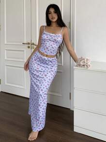 DAZY Ditsy Floral Pattern Bodycon Sling Long Dress Sleepwear Pajama Set - Blue - View 8