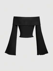 SHEIN MOD Plus Size Women Black Off Shoulder Butterfly Pattern Flare Sleeve T-Shirt - Black - View 2