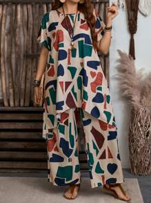 EMERY ROSE 2 Pieces Set Women Plus Size Geometric Print Shirt & Pants, Boho Clothing, Two Outfits, Ladies Casual Sets, Summer For Women, Country Everyday Wear - Multicolor - View 3