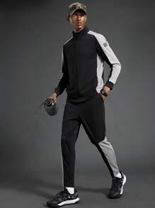 Gym Rark Men's Solid Color Patchwork Long Sleeve Casual Top And Long Pants Sport Suit Gym Set Workout Set - Multicolor - View 1