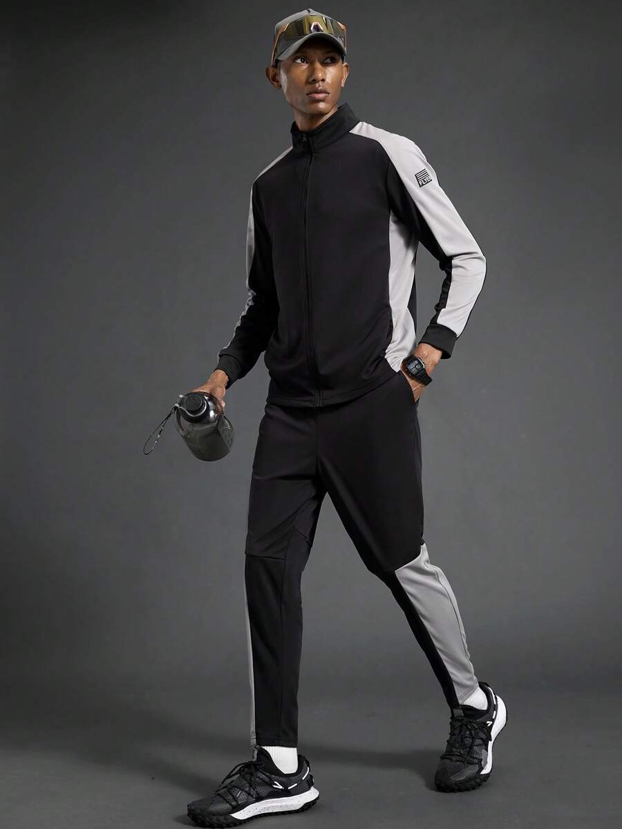 Gym Rark Men's Solid Color Patchwork Long Sleeve Casual Top And Long Pants Sport Suit Gym Set Workout Set - Multicolor - View 1
