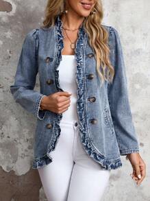 EMERY ROSE 女士长袖荷叶边双排扣牛仔外套，秋季 - 淺色水洗藍 - 查看 3