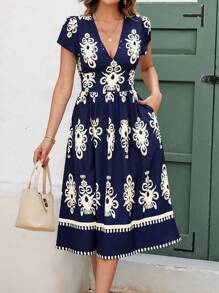 Ellevyn Vacation Outfits Woman,Summer Elegant Women's Short Sleeved Dress With Print V-Neck Cinched Waist And A-Line Back, Suitable For Various Occasions,V-Neck Ruffle Trim Cap Sleeve Drawstring Waist Flounce Hem A-Line Casual Vacation Dress For Women,Boho Dress - Multicolor - View 2
