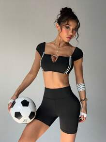 SHEIN Sport Studio 2 Pieces Set: Contrast Color Elastic Off Shoulder Top And Regular Fitted Workout Shorts