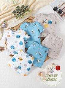 Conjunto de 3 piezas para bebé niño: camiseta con estampado de nave espacial y planeta y pantalones cortos, conjunto de pijama informal - Multicolor - Ver 6