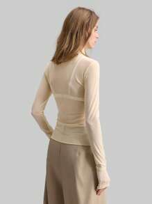 Ontre Bộ sưu tập thời trang nữ mùa Xuân/Hè 2026 phong cách Stockholm, trang phục giáo viên nữ, quần áo nữ, áo len cổ lọ màu be, áo kiểu mùa hè thanh lịch, áo sơ mi dài tay lưới, áo cơ bản công sở thường ngày dành cho nữ. - Màu be - Xem 4