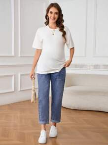 SHEIN Adjustable Waist Insert Pocket Straight Leg Casual Maternity Jeans - Light Wash - View 5