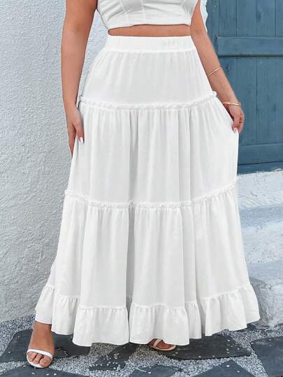 SHEIN Clasi 大码女式优雅荷叶边开叉纯色度假半身裙