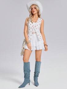 SHEIN LUNE Áo thun thắt nơ phía trước phong cách Tây Âu Áo thun mùa xuân Boho Quần áo nữ Áo sơ mi trắng không tay in hình trái tim nơ - trắng - Xem 5