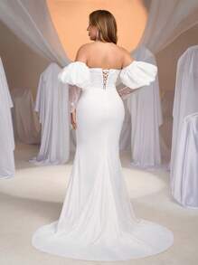 Glamrae Plus Size Elegant Romantic White Sweetheart Neck Puff Sleeve Luxury Sequin Patchwork Knitted Fabric Mermaid Hem With Train Wedding Dress - White - View 3