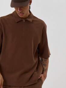 Musero Waffle Zip Polo Shirt - Burnt Orange - View 5