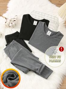 SHEIN Leap Crew 4件套男童休闲圆领长袖上衣和松紧腰打底裤睡衣套装 - 灰色 - 查看 1