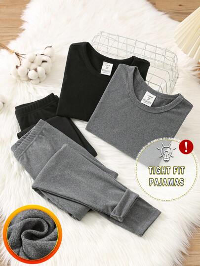 SHEIN Leap Crew 4件套男童休闲圆领长袖上衣和松紧腰打底裤睡衣套装