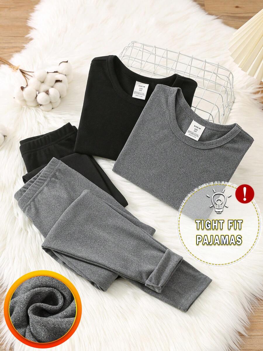 SHEIN Leap Crew 4件套男童休闲圆领长袖上衣和松紧腰打底裤睡衣套装 - 灰色 - 查看 1