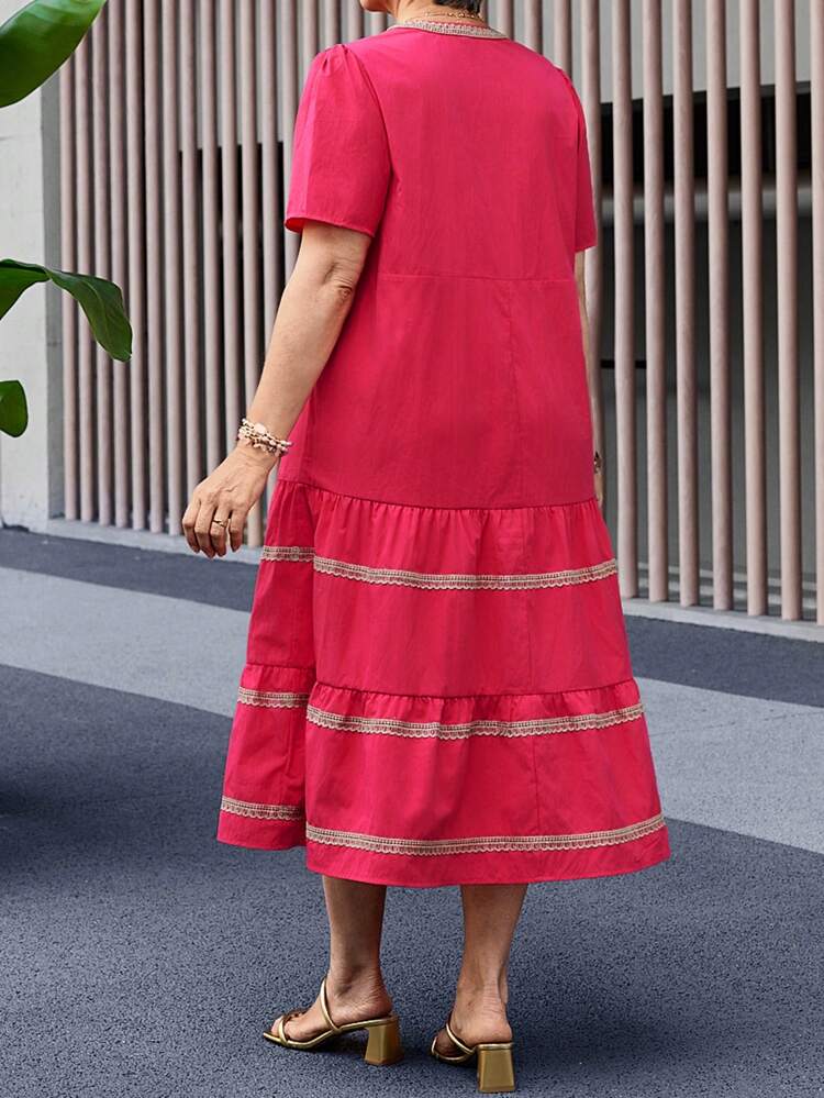 Plus Size Plain Color Patchwork Short Sleeve Casual Pleated Midi Dress