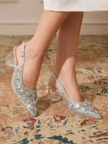 CUCCOO TILAWA Women's Crystal Heel, Rhinestone Studded Mesh Shoes, Suitable For Outing, Banquet, Party Prom Heels For Christmas Valentine's Day - Silver - View 2