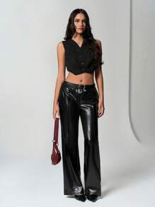 SHEIN Unity Top corto de botones frontal minimalista, versátil - Negro - Ver 4