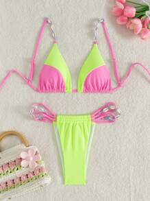 Swim Mod 1 Set Women Color Block Bikini Top And Bottom Swimwear, For Summer Beach Vacation - Multicolor - View 1