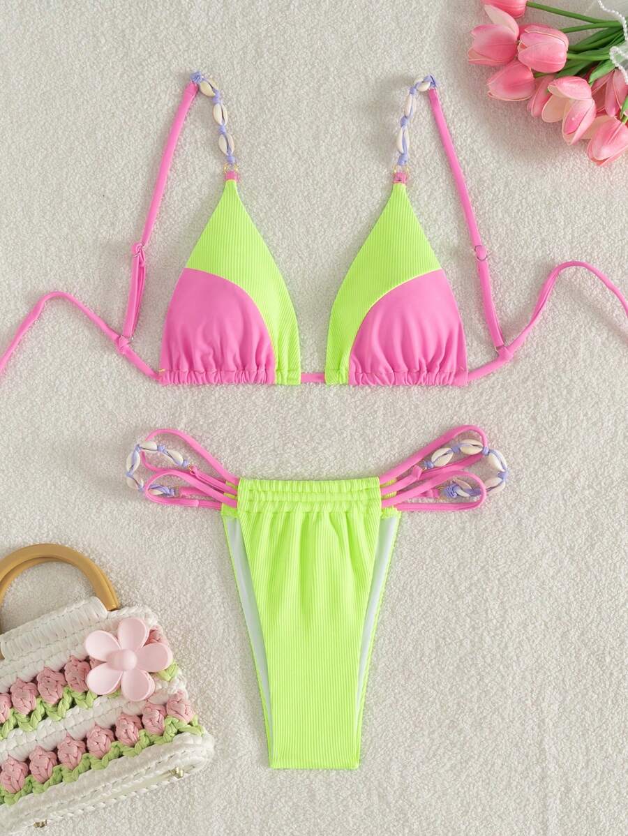 Swim Mod 1 Set Women Color Block Bikini Top And Bottom Swimwear, For Summer Beach Vacation - Multicolor - View 1