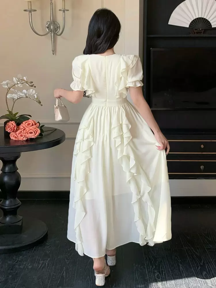 Solid Color V-Neck Ruffle Hem Mid-Length Dress For Women Sundress Maxi Dress