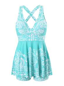 Swim Lushoire Spring Break 2pcs Women Deep Neck Top And Tie Side Bottom Swimwear Tankini Set, Casual Summer Beach Vacation Outfit - Multicolor - View 6