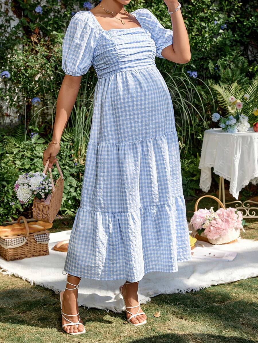 SHEIN 蓝色格子泡泡袖圆领孕妇连衣裙 - 淺藍色 - 查看 1