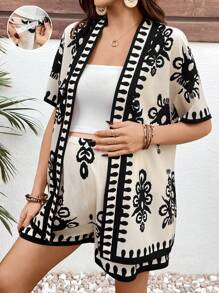 SHEIN 2pcs Set Bohemian Maternity Retro Printed Top And Bottom Sets - Apricot - View 1
