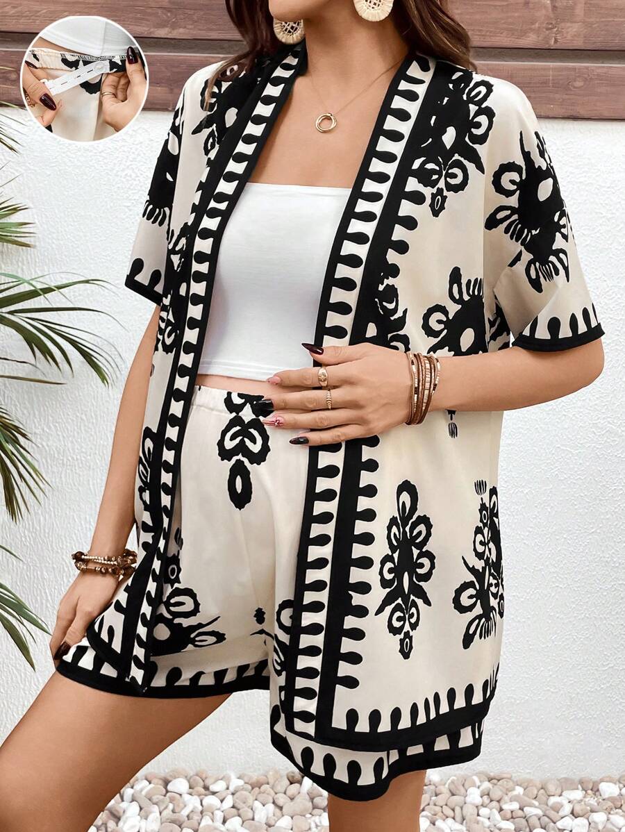 SHEIN 2pcs Set Bohemian Maternity Retro Printed Top And Bottom Sets - Apricot - View 1